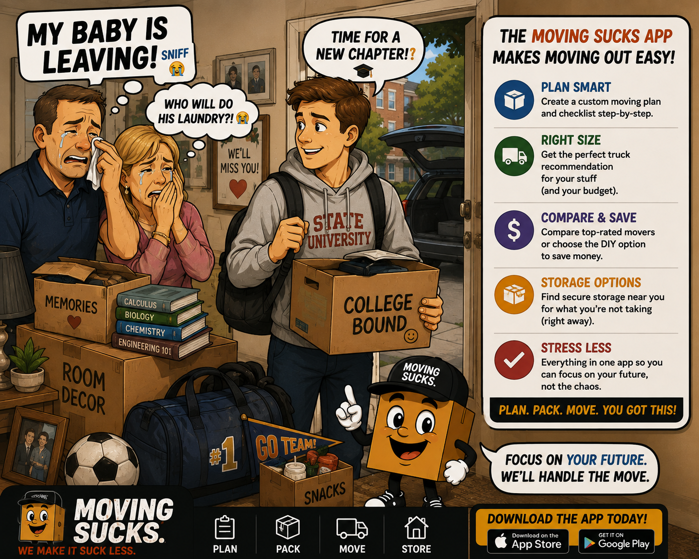 College student carrying a College Bound box while his parents say goodbye