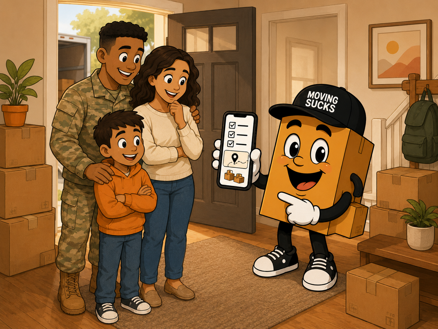 Military family using the Moving Sucks app with help from the box mascot